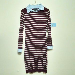 Cynthia Rowley Burgundy and White Striped Long Sleeve Dress